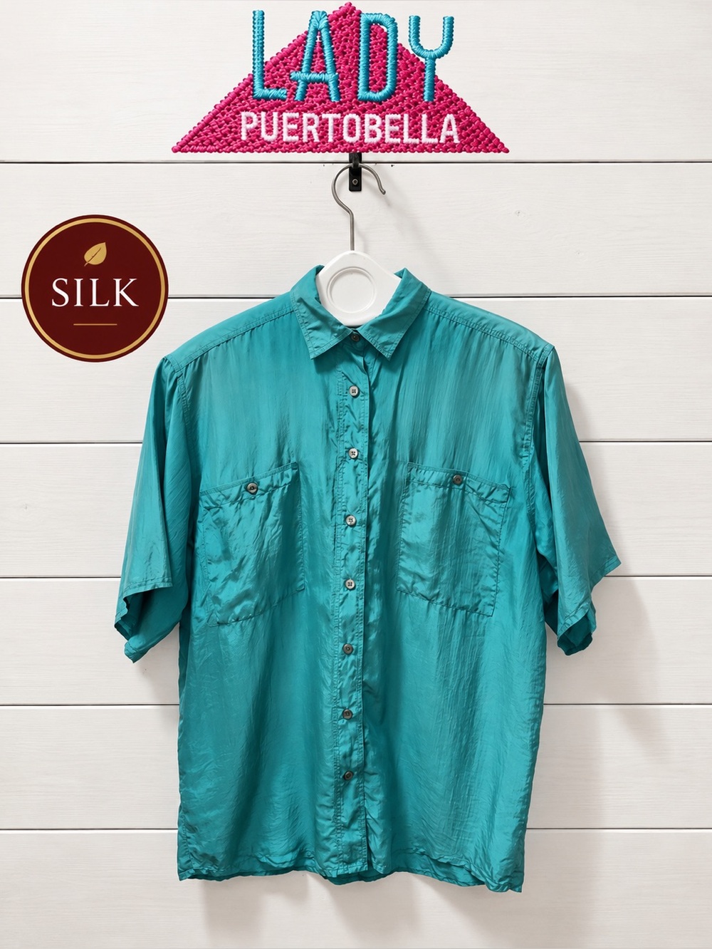 Vintage Lady Foot Locker Turquoise Silk Shirt – Size M